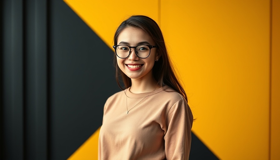 Young woman smiling against black and yellow geometric background, Techsslaash.com review.