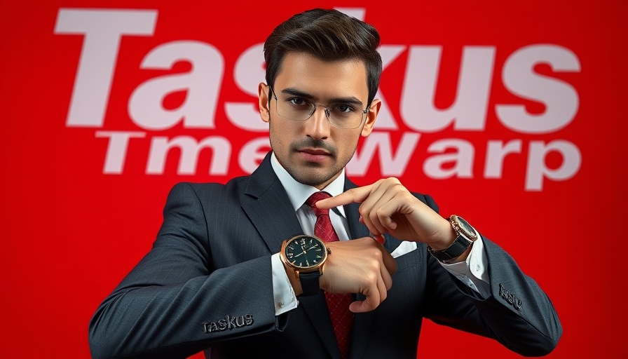 TimeWarp TaskUs workforce management advertisement with man in suit.