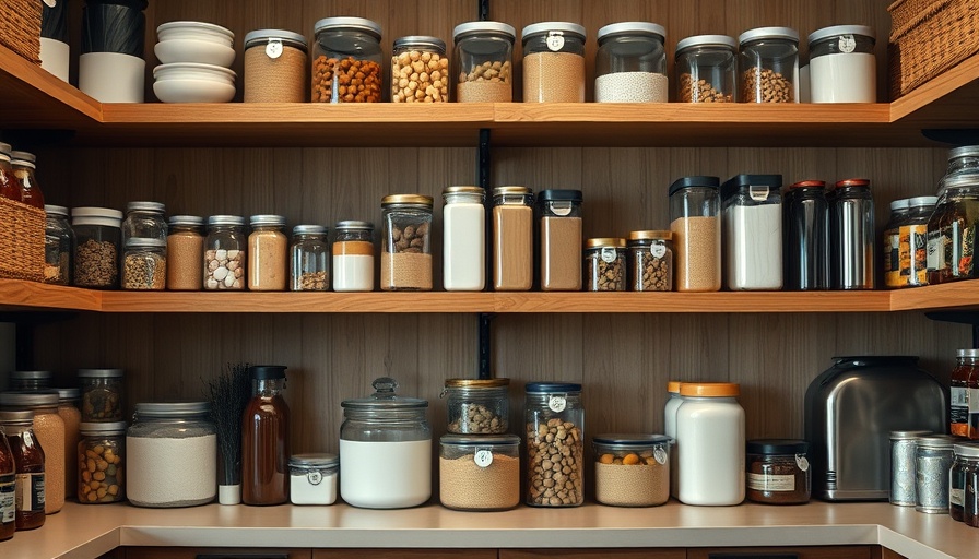 Well-organized pantry showcasing neatly labeled shelves in a modern walk-in pantry setup.