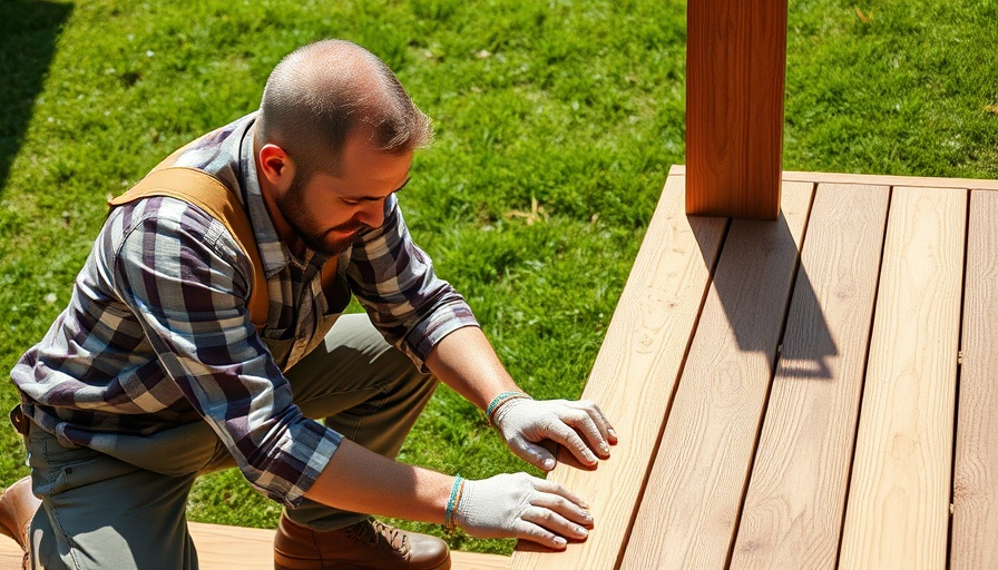 Carpenter assembling a wooden deck in a sunny outdoor setting.