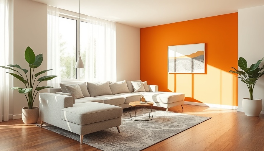 Bright minimalist living room with an orange accent wall and modern decor.