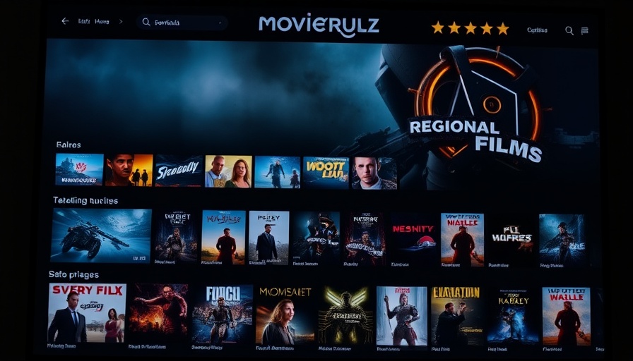 Movierulz website interface with movie thumbnails highlighting streaming risks.
