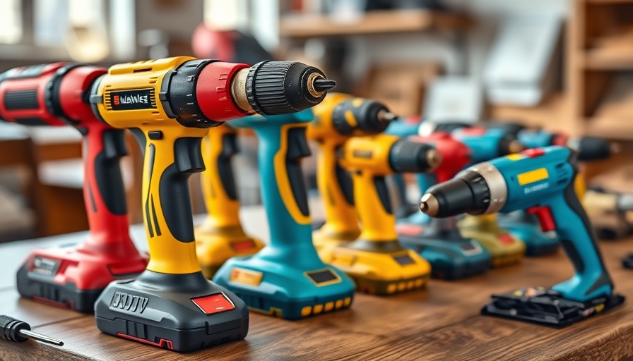 Variety of reliable power drill brands on wooden surface