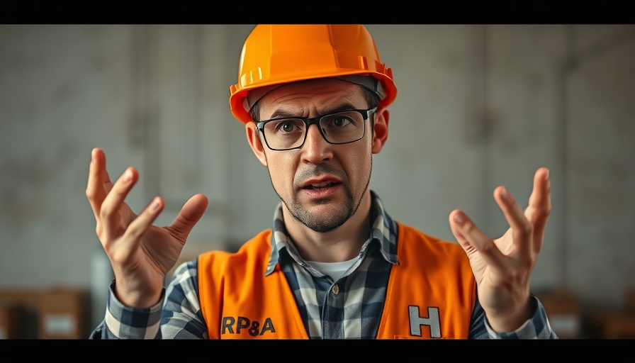 Frustrated tradesperson gesturing confusedly in a dispute.