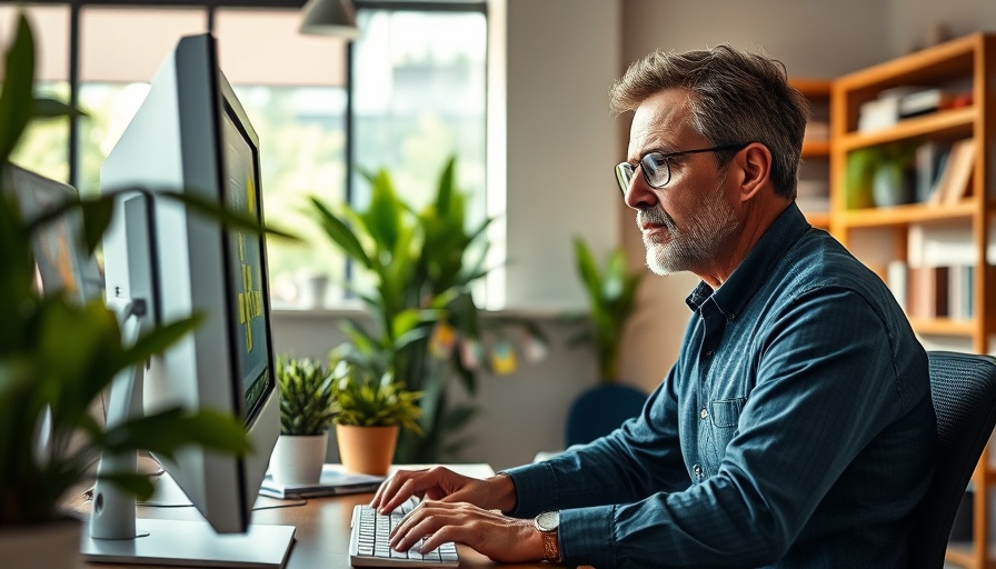 Focused man at desk overcoming work boredom, office space.
