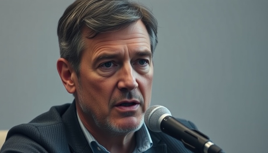 Middle-aged man speaking into a microphone indoors, serious expression.