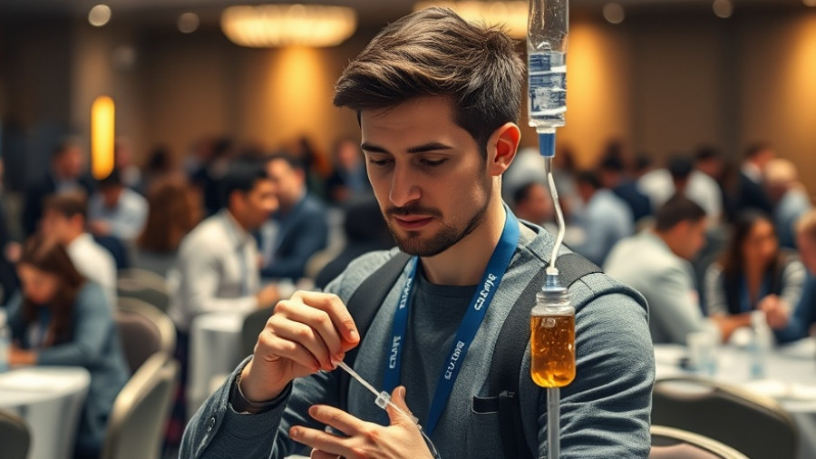 Young man preparing IV vitamin infusion at a conference.
