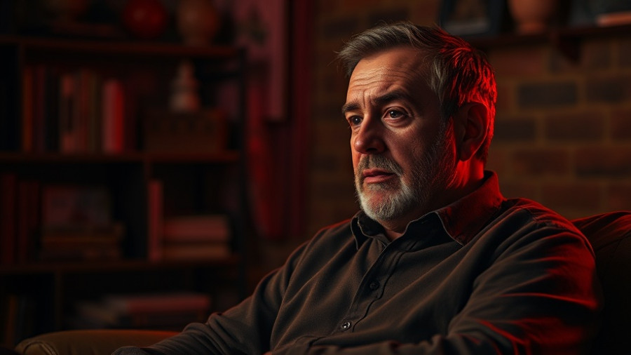 Middle-aged man contemplating in dim red-lit room, discusses biohacking.