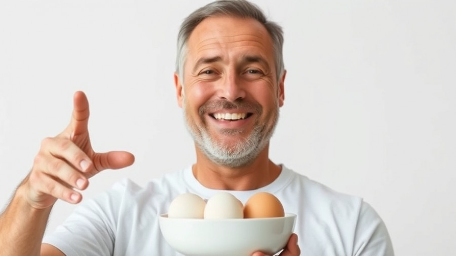 Middle-aged man with bowl of four eggs, promoting diet.