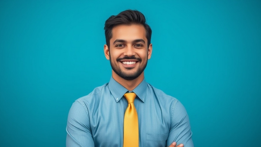 Effective stress management for executives: professional man standing confidently against a blue background.