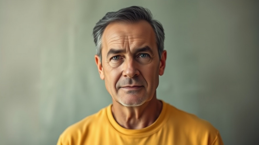 Middle-aged man discussing gut health, serious expression.