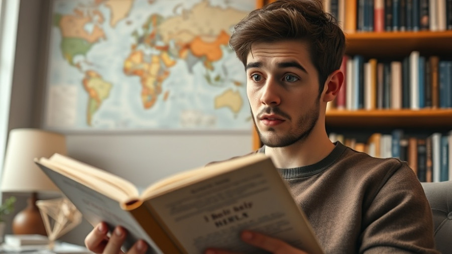 Curious man reading a book by self-help gurus in cozy setting.