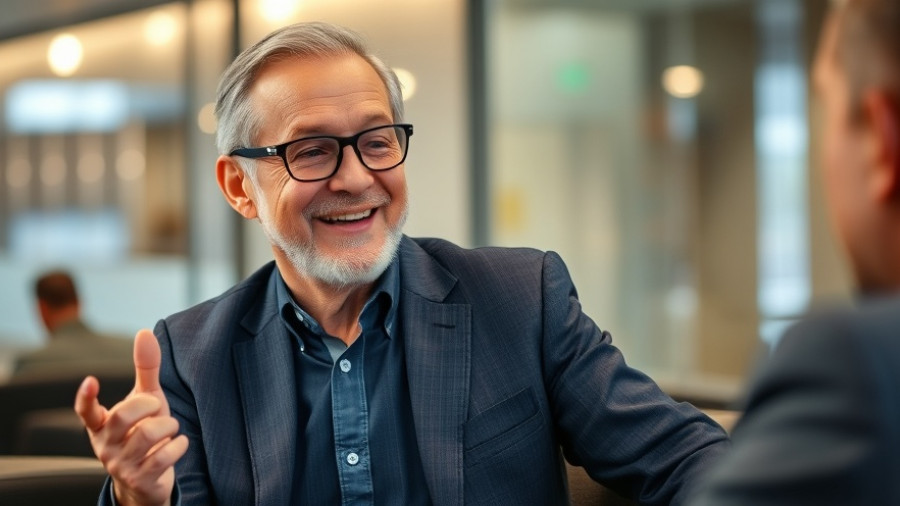 Smiling older gentleman gesturing during a podcast, enhancing insulin levels and productivity.