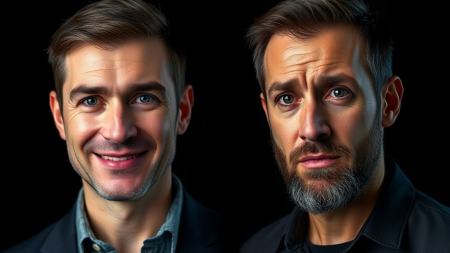 Contrasting emotions in men's portraits with text overlay, Ozempic face.