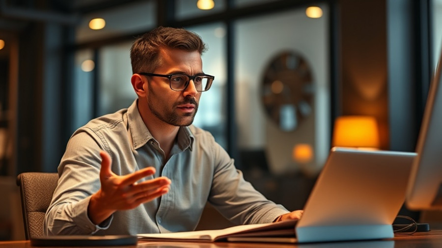 Engaging speaker discussing ideas in warm lit modern setting.