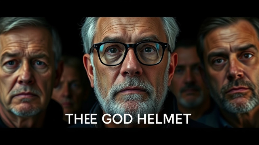 Two men in a cinematic photo with text 'THE GOD HELMET'.