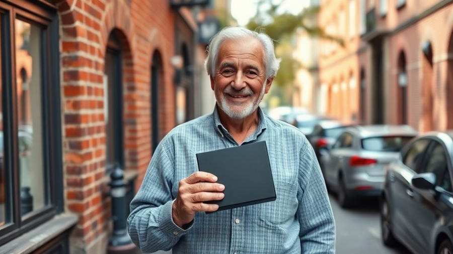 Elderly man holding product box outside on city street.
