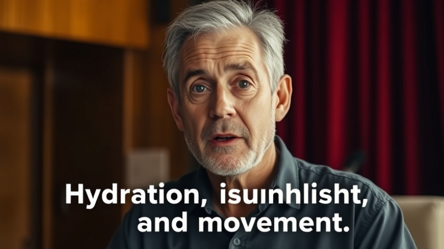 Man discussing hydration tips before coffee indoors, warm lighting.