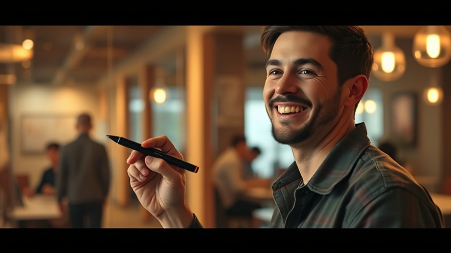 Kindness to enhance productivity: Person writing with a warm smile indoors.