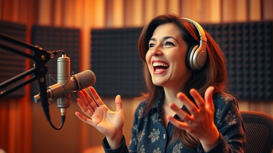 Teach Kids Healthy Habits: Cheerful woman discusses passionately in podcast studio.