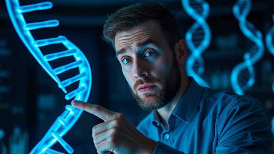 Curious man examines DNA strand, exploring root cause of chronic disease.