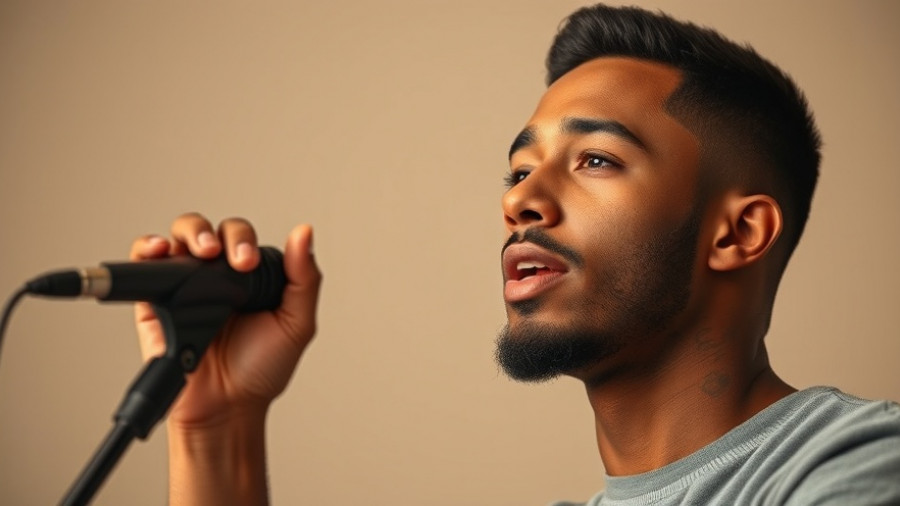 Young man podcast speaking with confidence, focus on voice and expression.