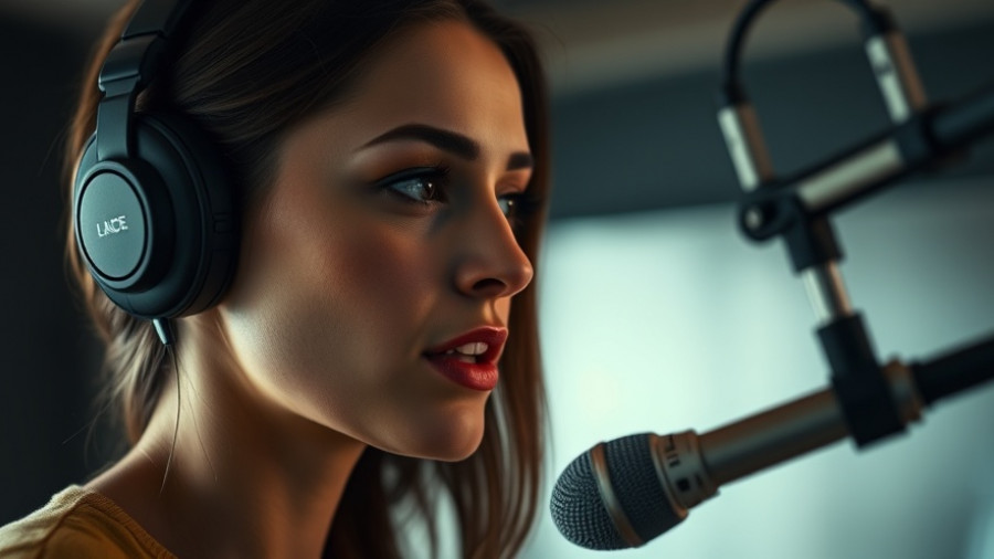 Focused woman in podcast studio discussing supplements, relevant to sleep-deprived executives.