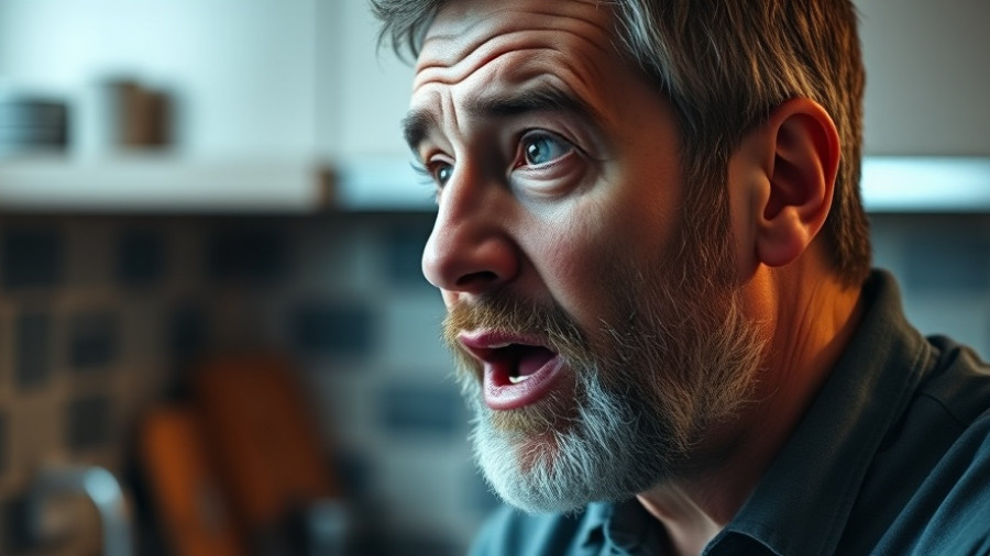 Middle-aged man discusses sugar intake in a kitchen setting.