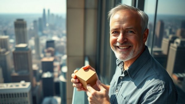 Man with hydrogen tablets for travelers against city skyline.