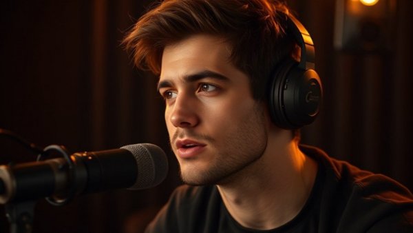Young man speaking in a podcast studio, conveying emotions.