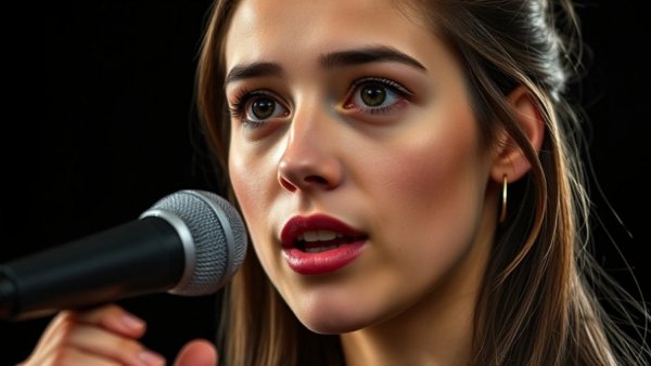 Young woman speaking about creatine metabolism, photorealistic portrait.