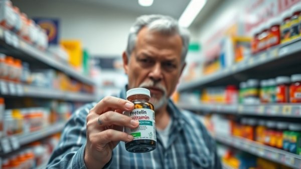 Harsh Reality of Multivitamins concept with concerned man in pharmacy.