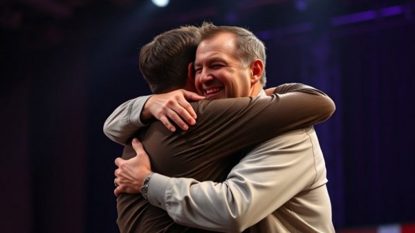 Emotional moment letting go of the past, two men hugging on stage.