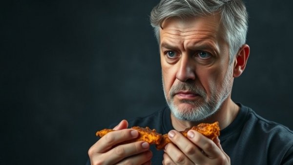 Middle-aged man holding unhealthy food, dangerous for gut health.
