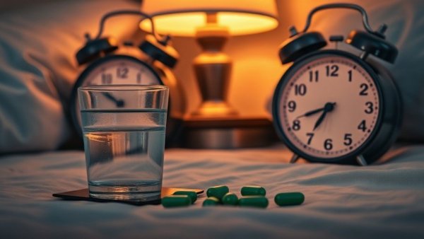 Nighttime bedside table with water, pills, lamp, and clock.