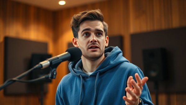 Casual speaker in blue hoodie discussing beliefs in a studio.