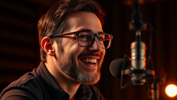 Smiling man in glasses speaking in a dark podcast studio.