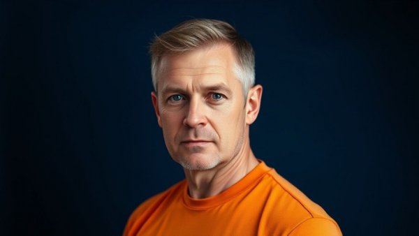 Middle-aged man in orange shirt, serious expression, B12 Deficiency Impact on Productivity discussion.