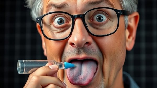 Middle-aged man showing blue tongue with surprise after using a dropper.