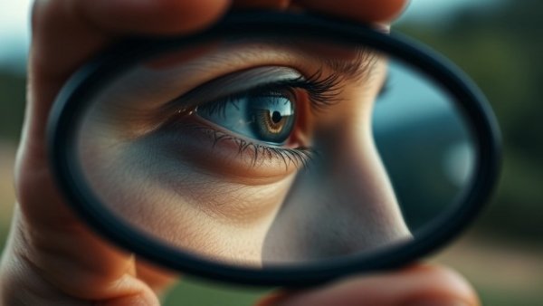 Eye reflection in hand-held mirror outdoors, self-reflective theme.