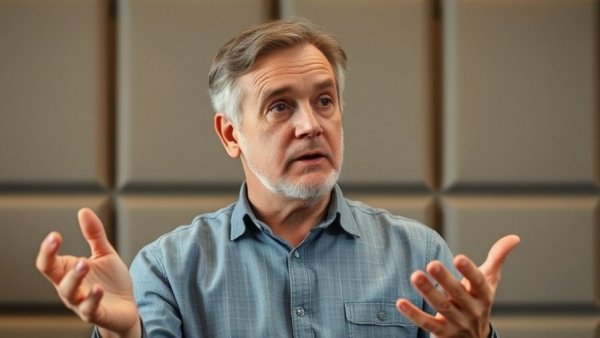 Middle-aged man explaining eye pressure exercise tips for glaucoma prevention in a studio.