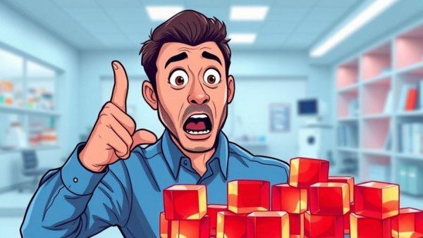 Real Benefit of Collagen: Surprised man points at collagen cubes, cartoon style.