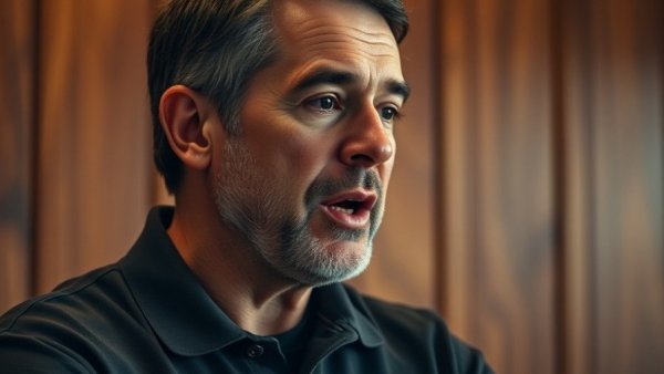 Middle-aged man speaking with wooden panel backdrop.
