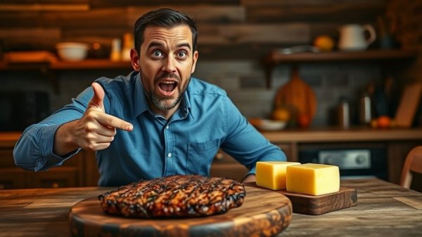 Surprised expression as man points at steak and cheese, highlighting top superfoods for your heart health.