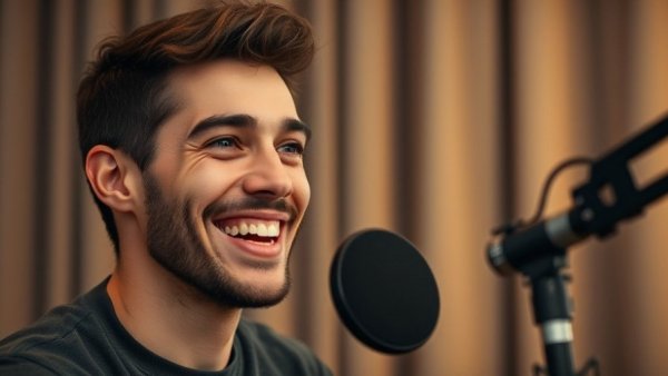 Young man podcasting, discussing real connections, warm lighting.