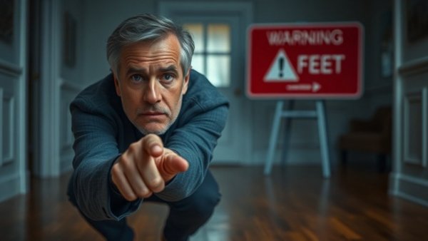 Concerned man pointing at feet with warning sign, strengthening your legs for longevity.