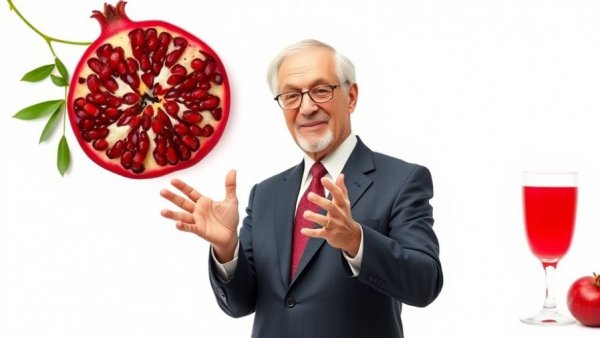 Pomegranate Mistake illustration with man comparing pomegranate seeds and juice.