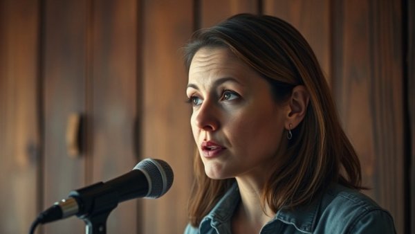 Woman discussing the benefits of exercise in a podcast setting.