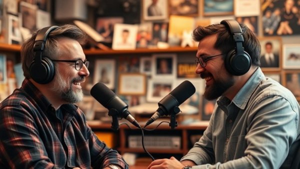 Men discussing Men's Pelvic Floor Health on a podcast with warm lighting.