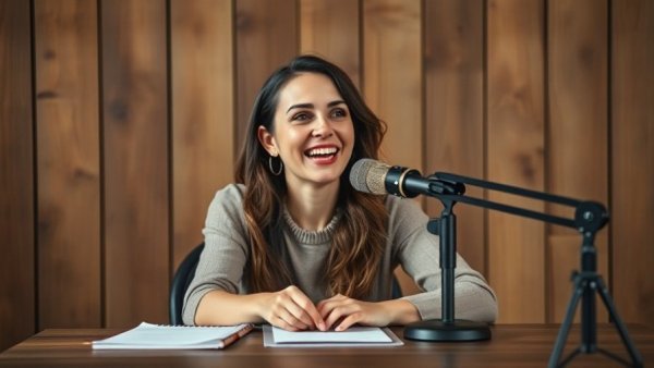 Engaged podcast speaker discussing productivity in rustic studio.